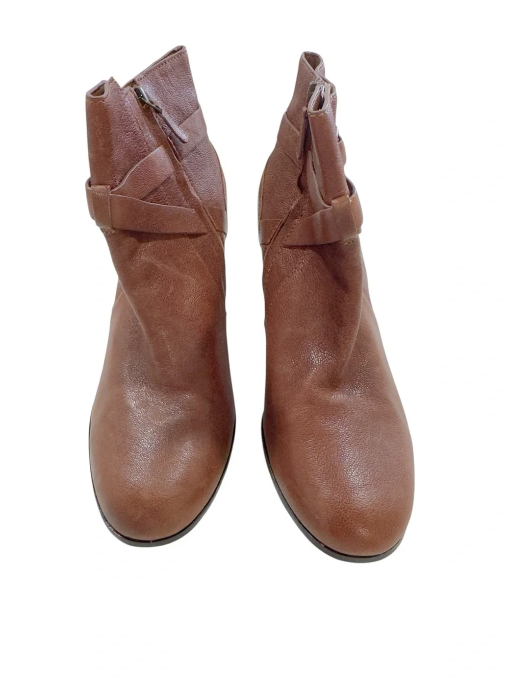 Cole Haan Brown Leather Ankle Booties Size 11B Block Heel Buckle Strap side zip